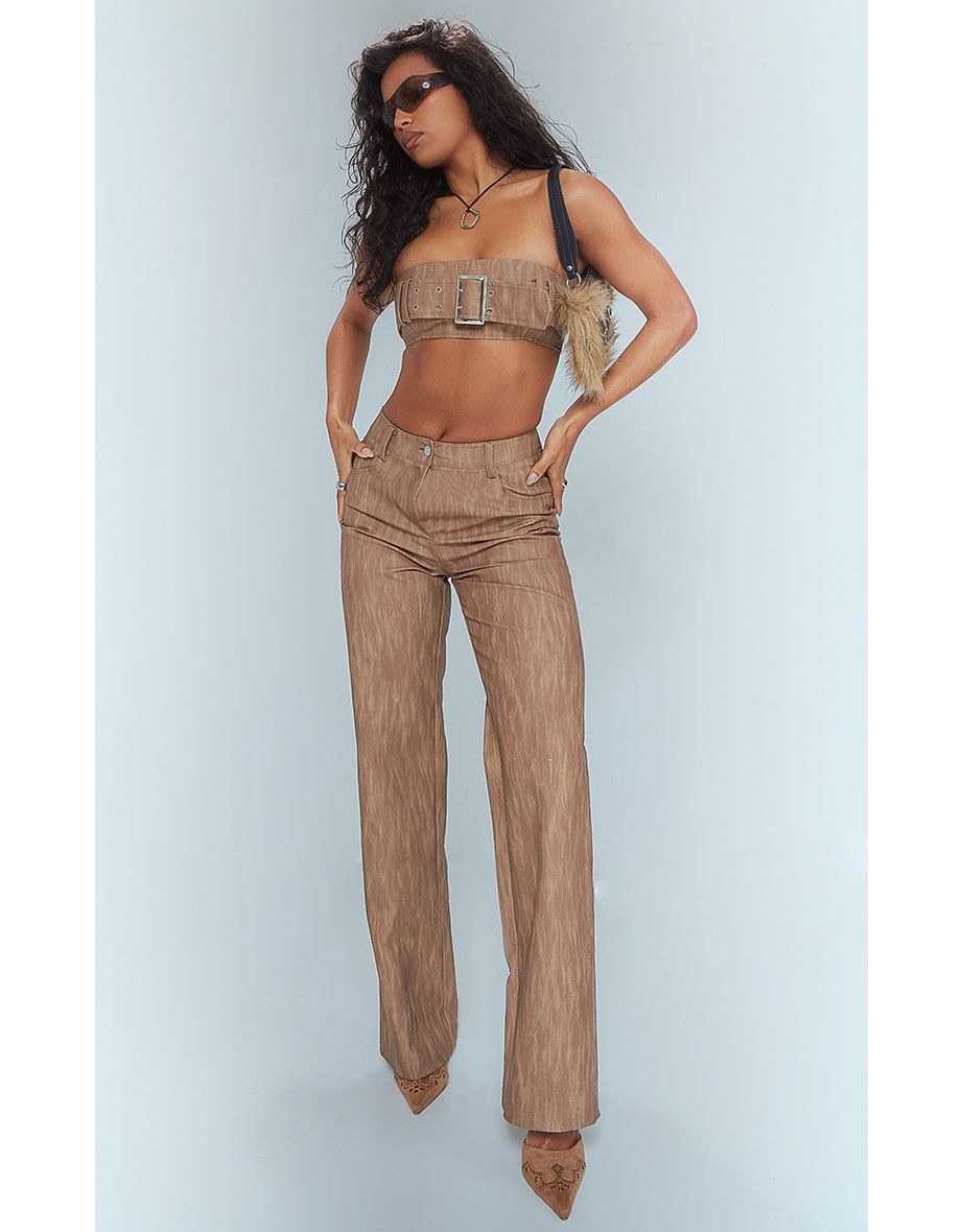 Brown Washed Faux Leather Cropped Straight Leg Trousers