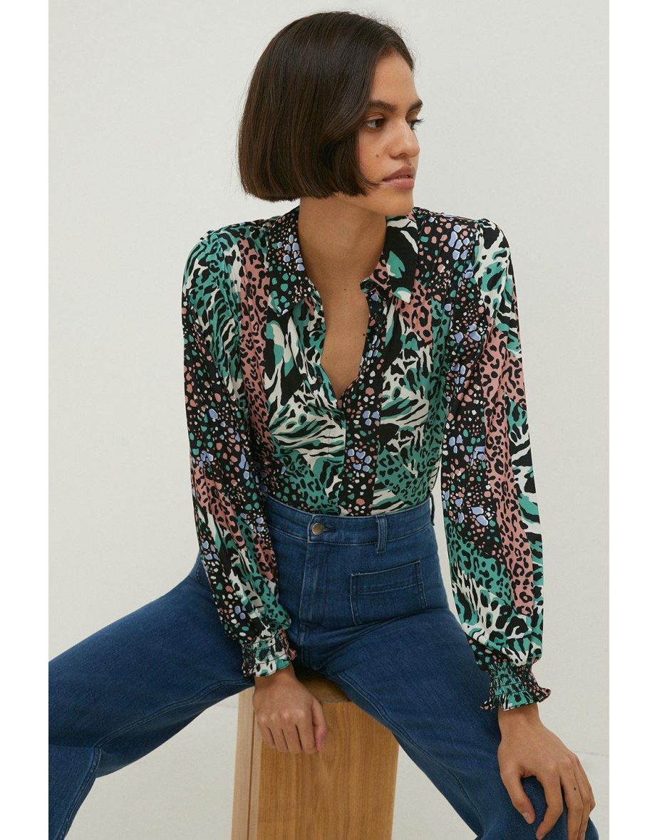 Slinky Animal Floral Long Sleeve Shirred Cuff Shirt