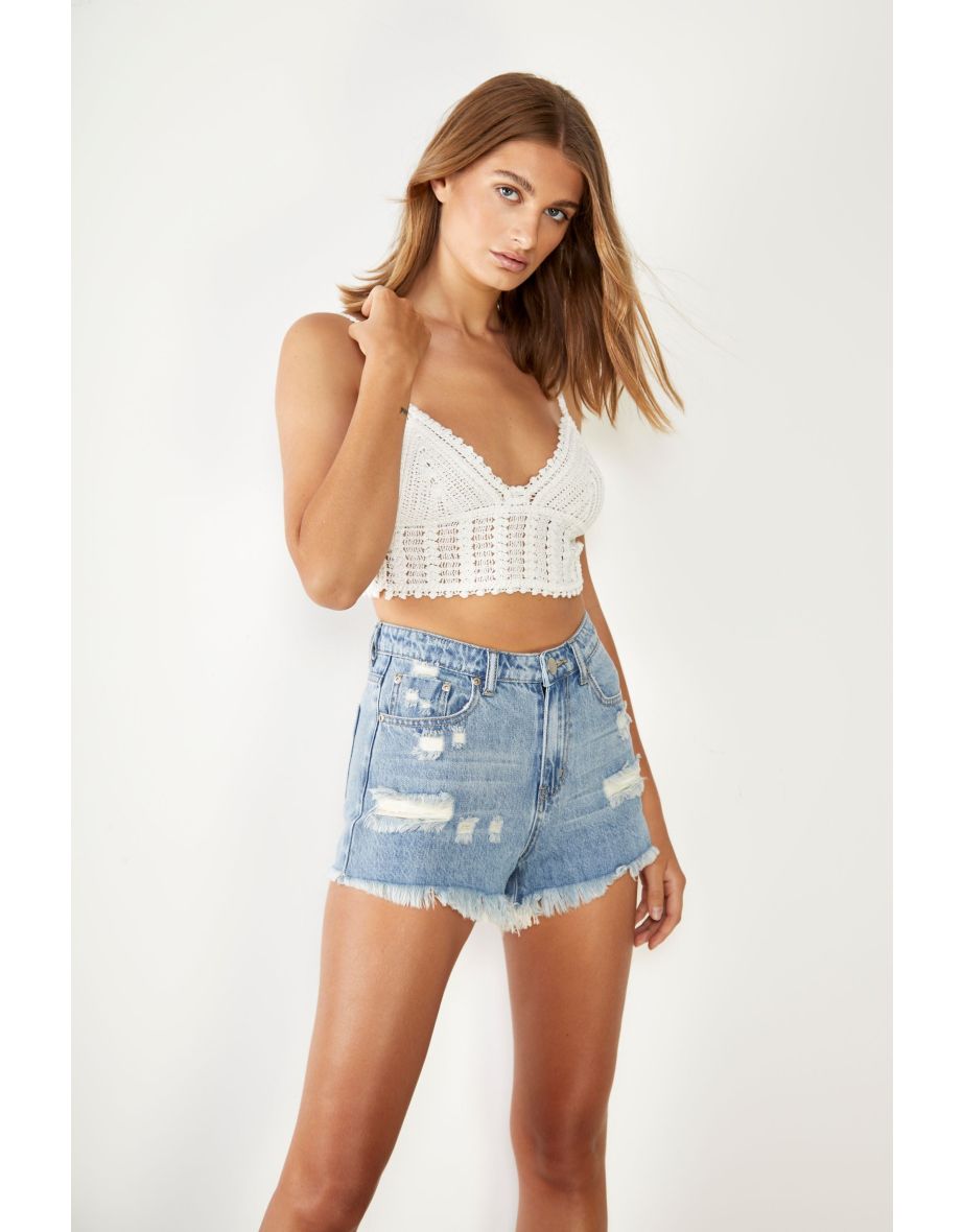 Glamorous Off White Crochet V- Neck Crop Top
