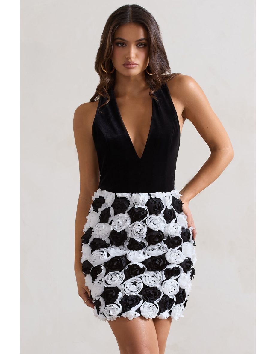 Serenade | Black & White Plunge Halter-Neck Mini Dress With Flowers - 5