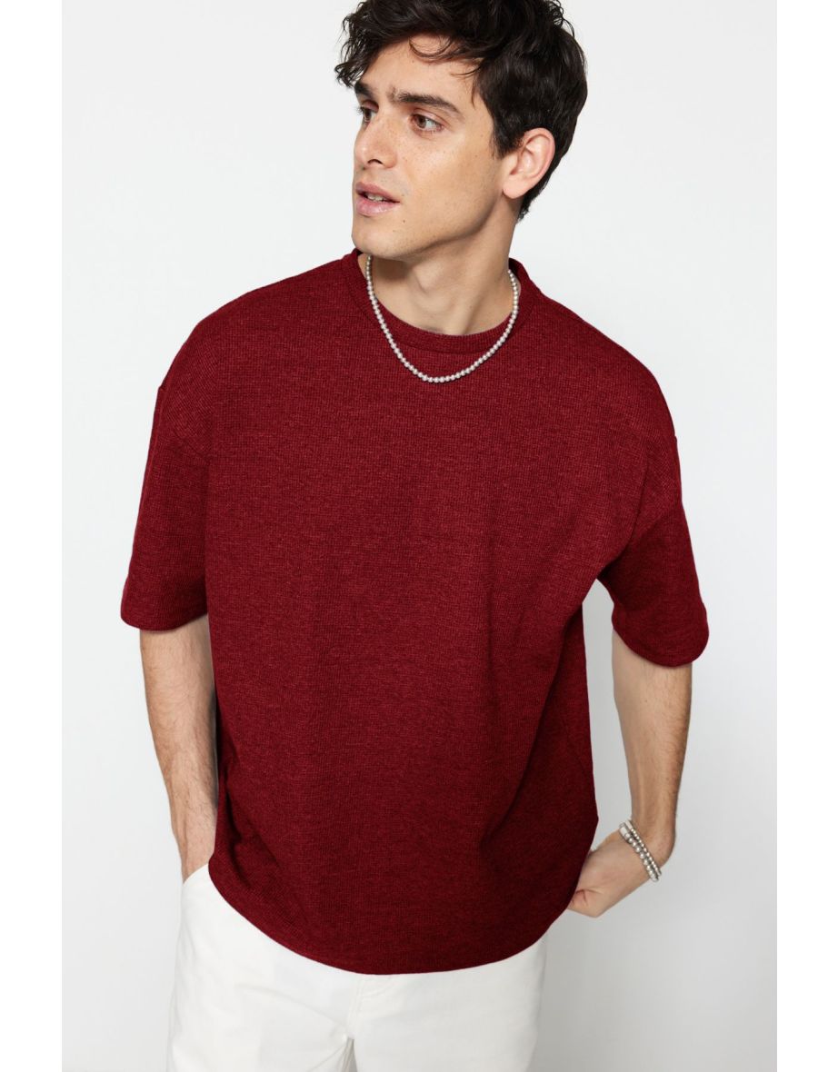 Basic Claret Red Oversize/Wide Textured Cut Waffle Short Sleeve T-Shirt
