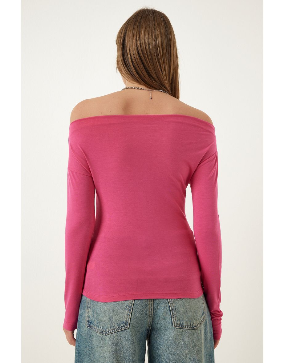 Women's Pink Boat Neck Knitted Blouse - 4