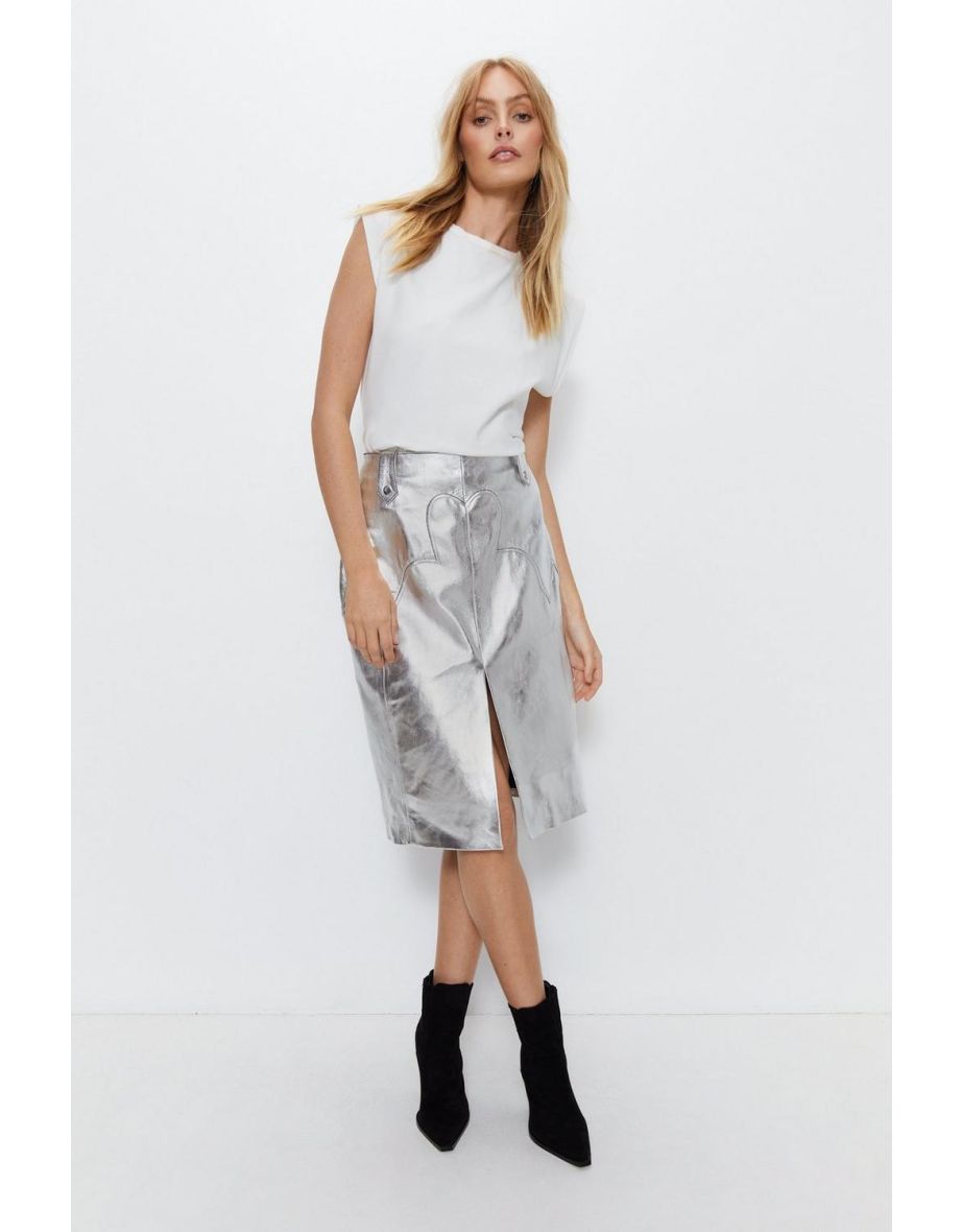Real Leather Western Stitch Midi Skirt
