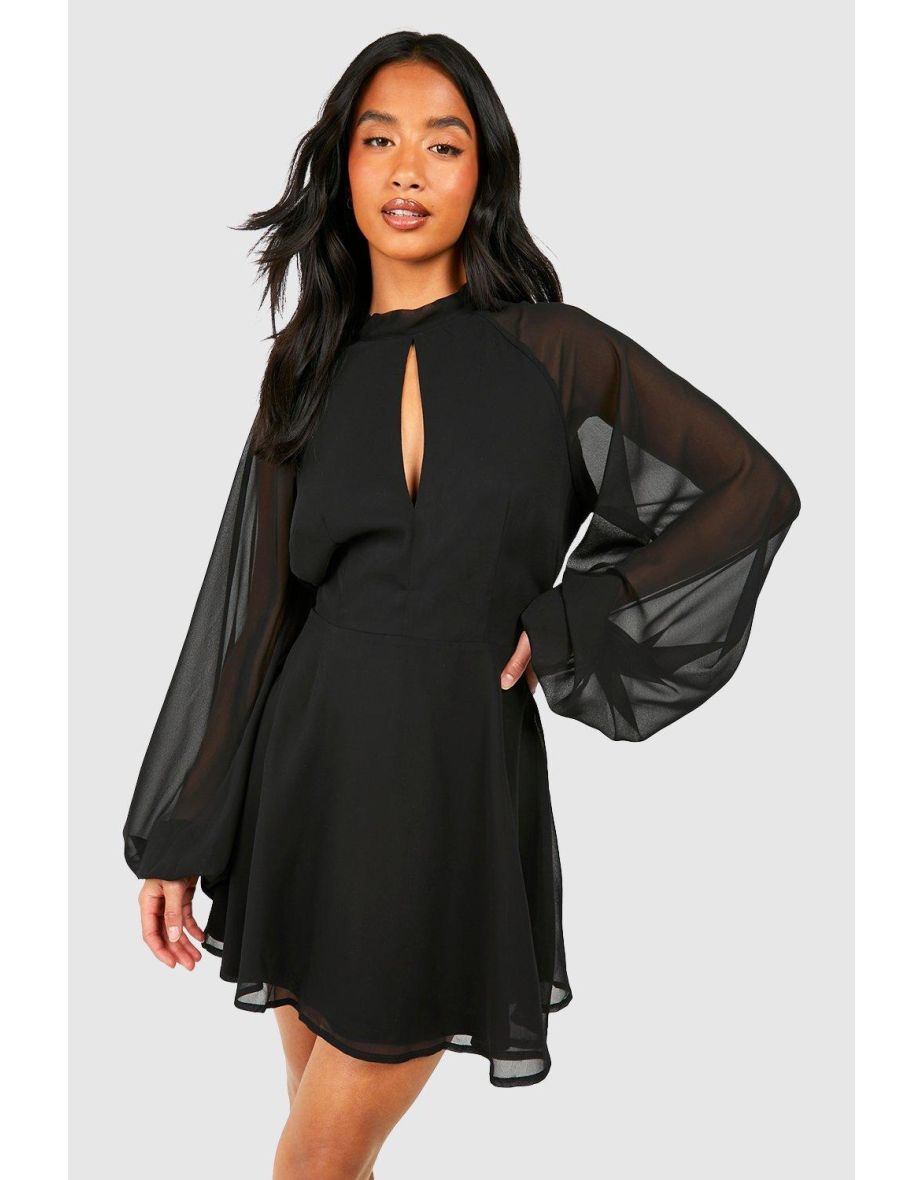 Petite High Neck Volume Sleeve Skater Dress - black