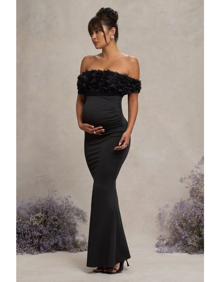 Inflorescence | Black Mesh Floral Bardot Maternity Maxi Dress - 4