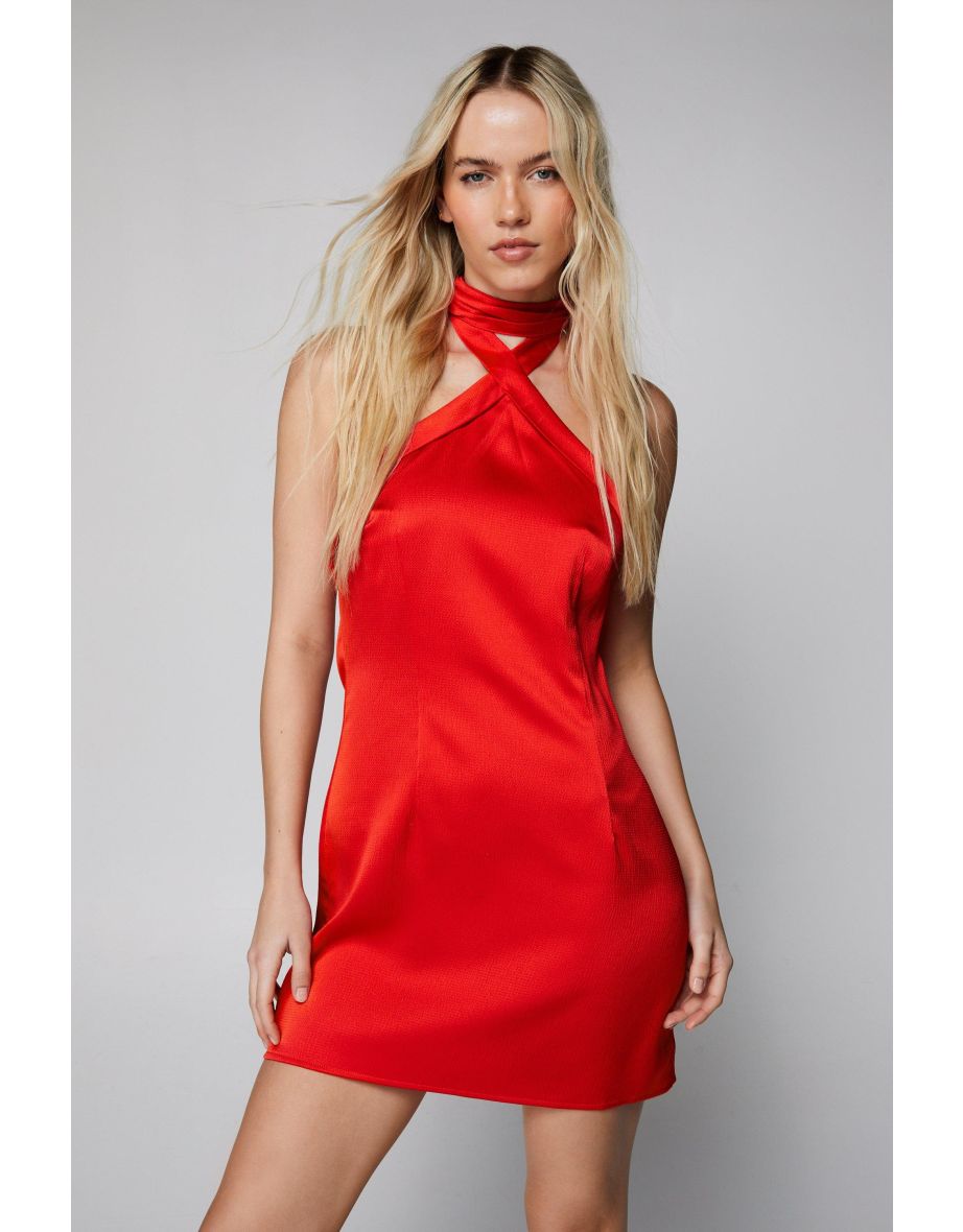 Petite Halter Tie Detail Textured Satin Slip Dress