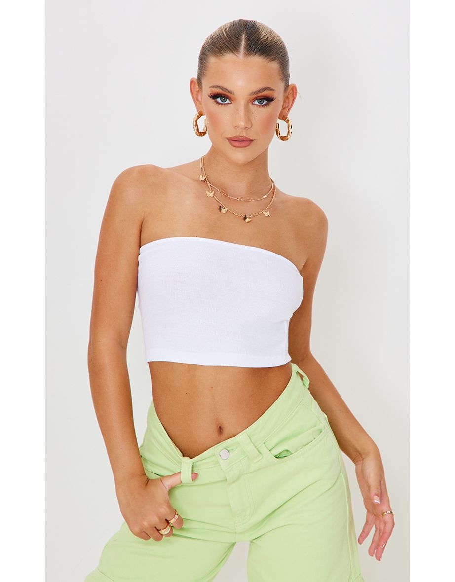 White Soft Basic Ribbed Bandeau Crop Top