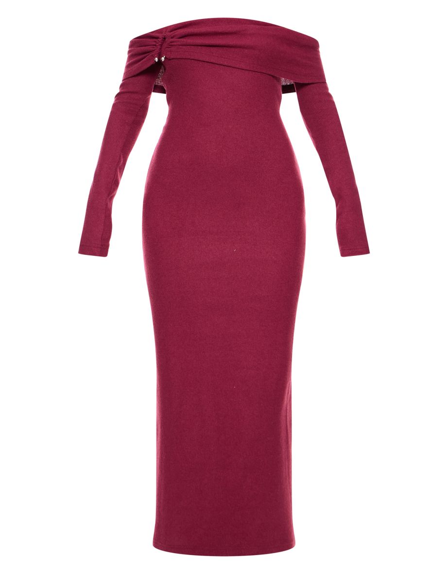 Burgundy Heavy Brushed Rib Bardot Trim Maxi Dress - 4