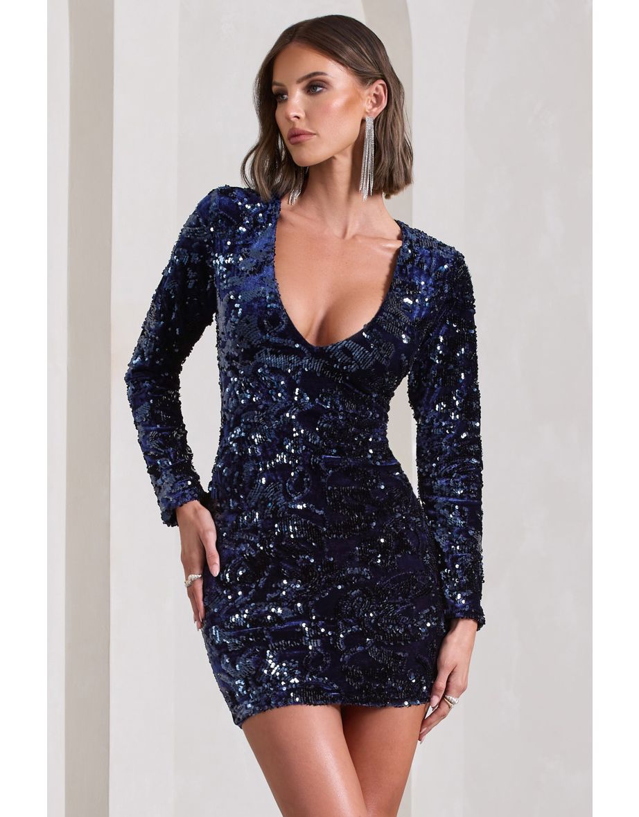 Tantalise | Navy Sequin Plunge-Neck Long-Sleeve Mini Dress - 4