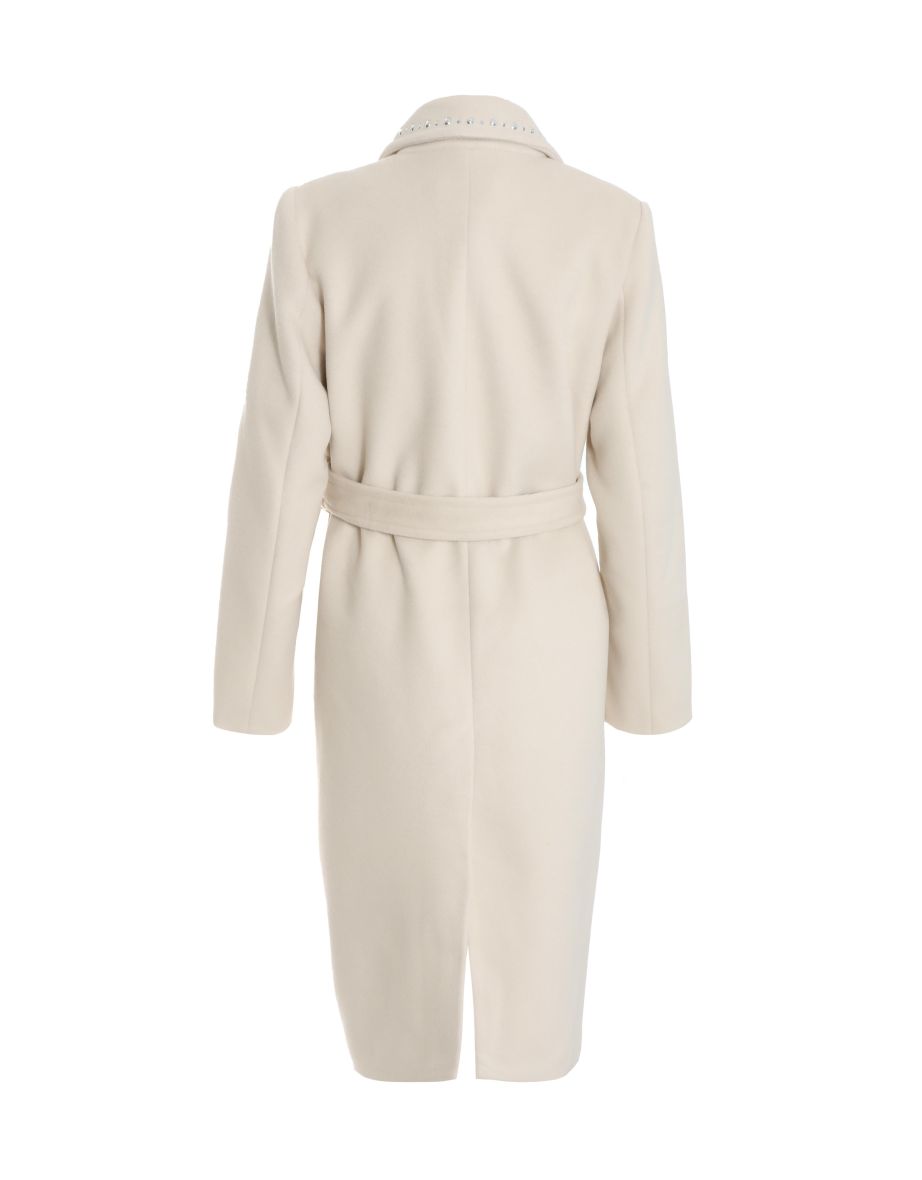 Quiz Cream Stud Trim Tie Belt Coat - 4