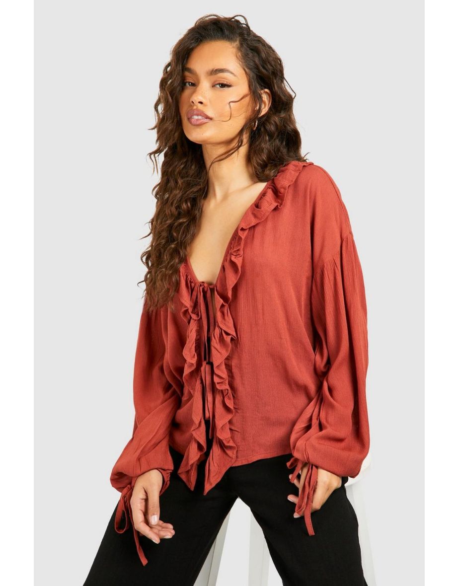 Long Sleeve Ruffle Top - terracotta