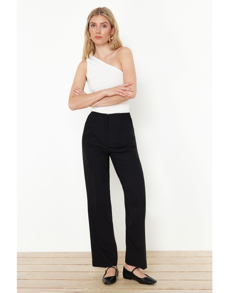 Black Stitch Detail Straight/Straight Cut Woven Trousers