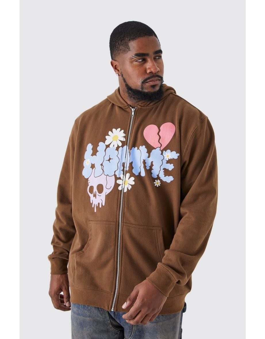 Plus Homme Doodle Graffiti Zip Thru Hoodie - chocolate