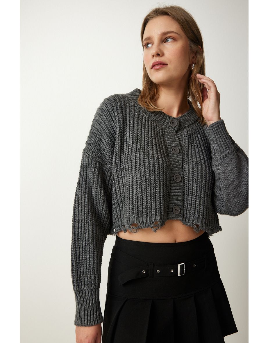 Women's Gray Ripped Detailed Buttoned Crop Knitwear Cardigan