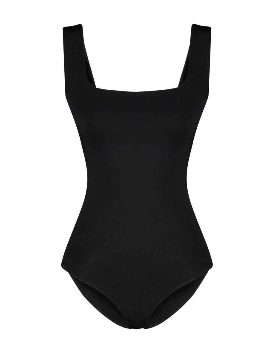 Black Fitted/Body-Sitting Back Detailed Square Collar Flexible Knitted Body with Snap Fasteners - 7