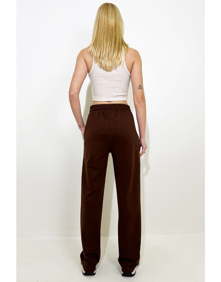 Women's Brown High Waist Front Turned Wide Leg Double Pocket Sweatpants - 3