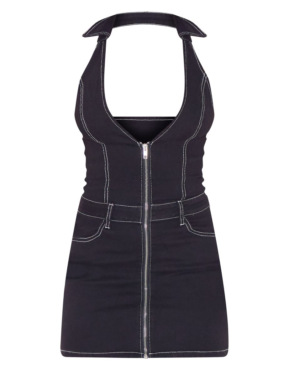Black Contrast Stitch Halterneck Denim Mini Dress - 4
