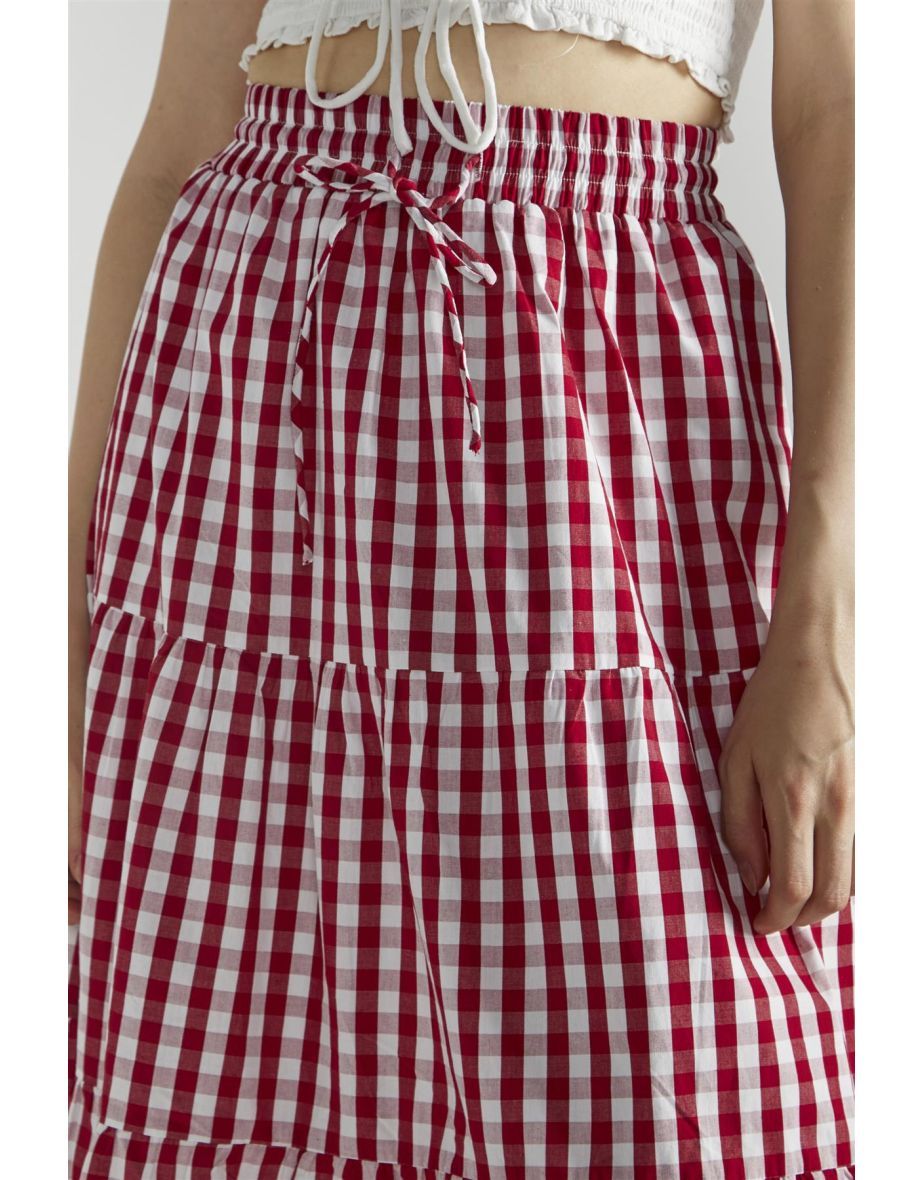 Cherry Red Gingham Pleated Midi-Skirt - 3