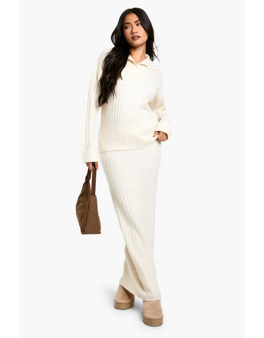 Soft Knit Thick Rib Collar Detail Jumper And Maxi Skirt Set