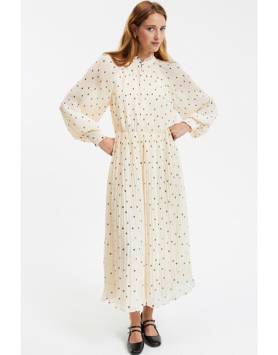 Polka Dot Midaxi Dress with Ruffled Neck