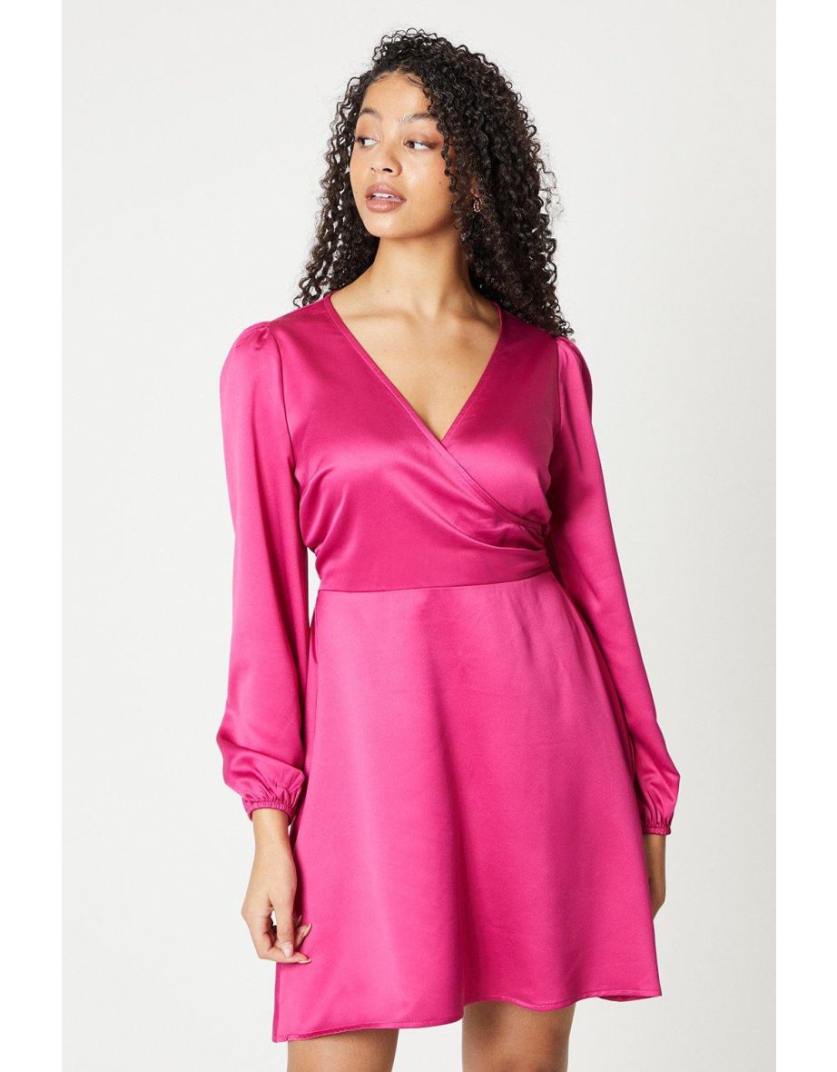 Pink Satin Wrap Mini Dress