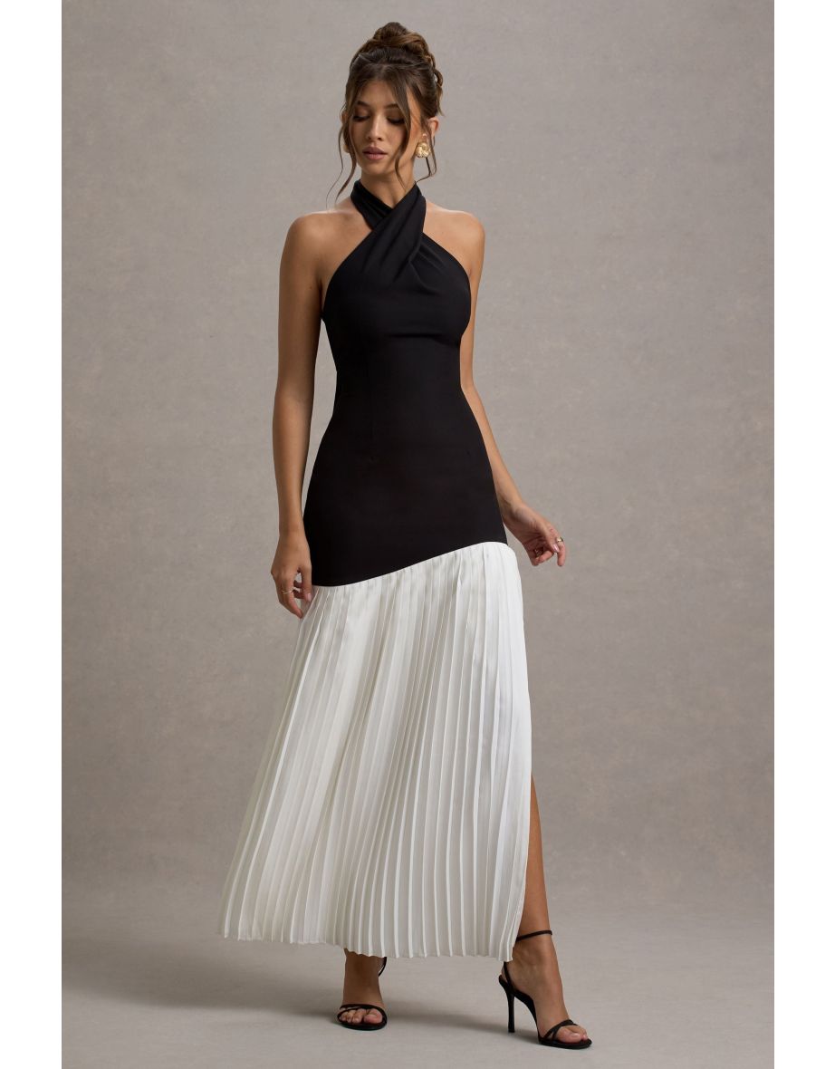 Khai | Black & White Halter-Neck Maxi Dress With Plisse Skirt