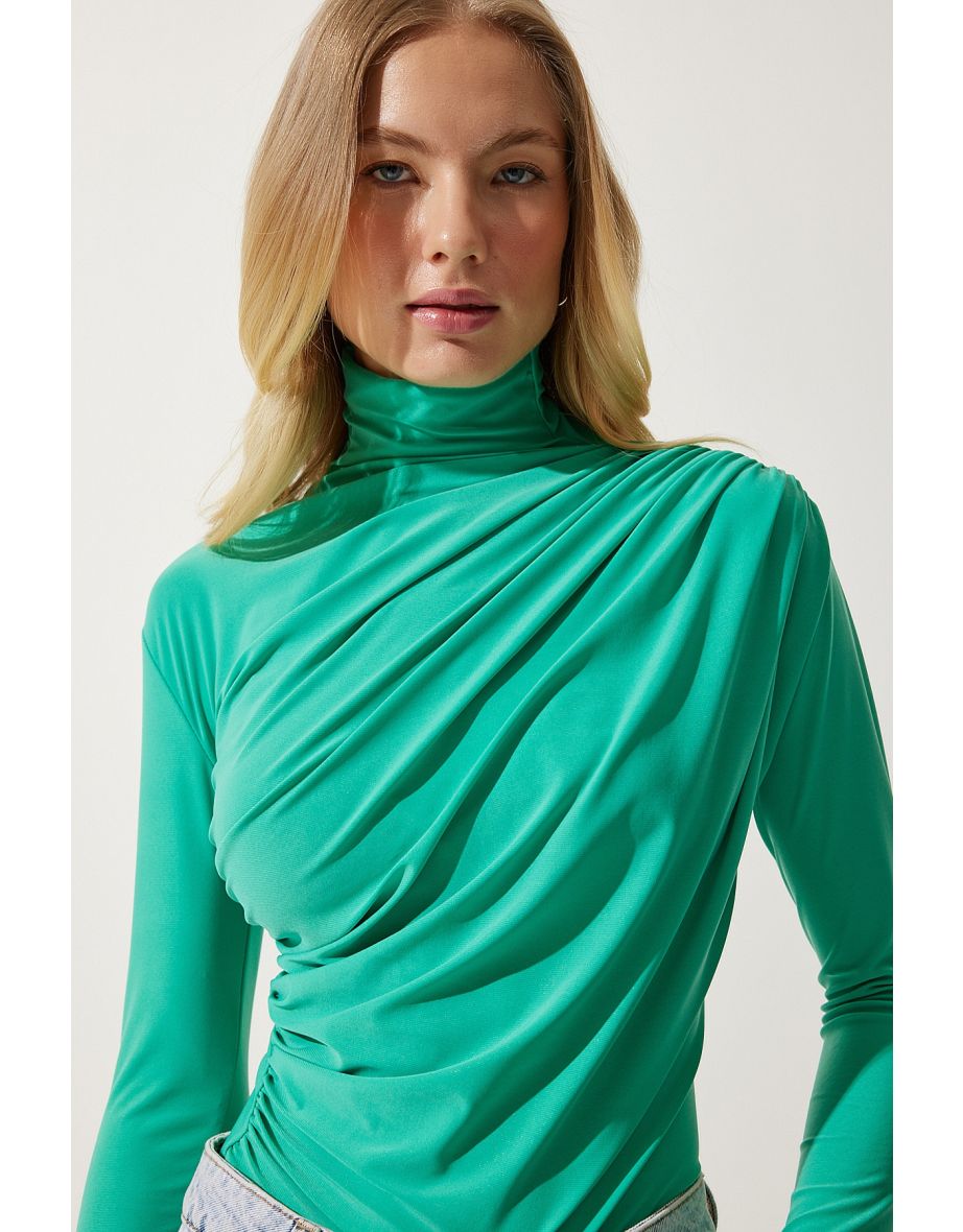 Women's Light Green Gathered Detailed High Neck Sandy Blouse - 4