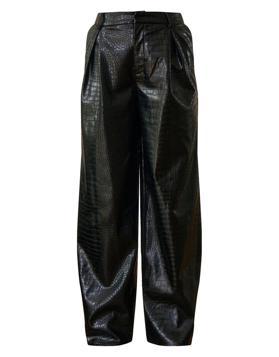 PLT Label Black Croc Faux Leather Wide Leg Tailored Trousers - 4