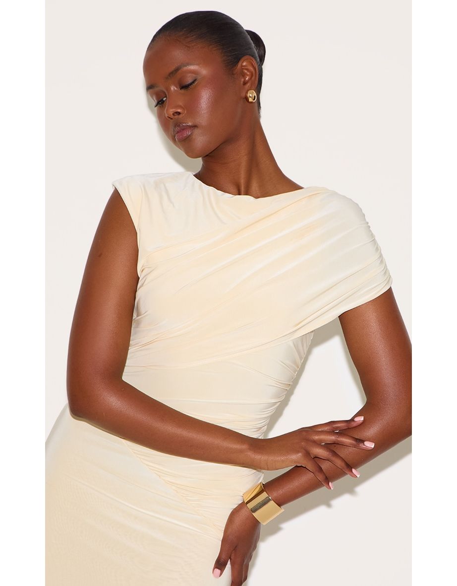 Almond Double Layer Slinky Off Shoulder Drape Maxi Dress - 3