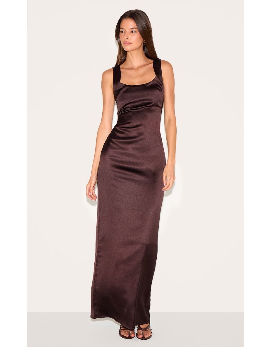 Chocolate Satin Scoop Neck Maxi Dress