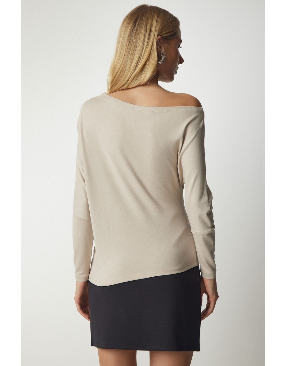 Women's Beige Boat Collar Knitwear Blouse - 5