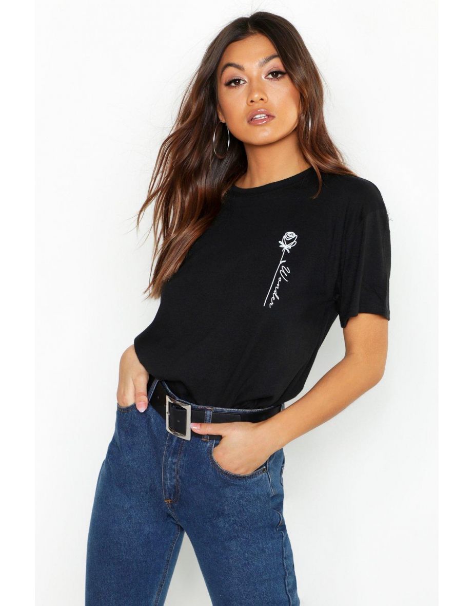 Rose Pocket Print Slogan T-Shirt - black - 3