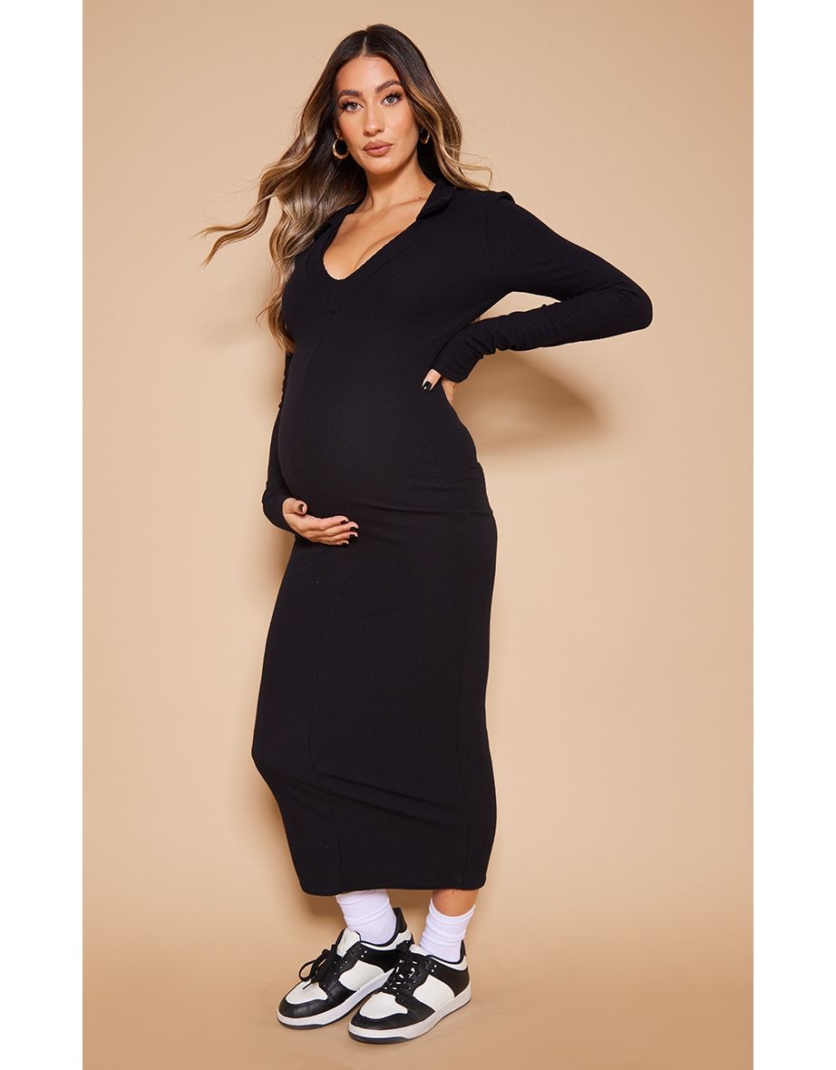 Maternity Black Crinkle Rib Plunge Midi Polo Dress