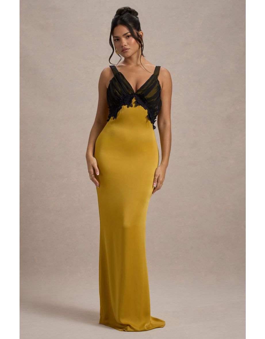 Sahara | Mustard Satin V-Neck Maxi Dress With Black Lace Trim