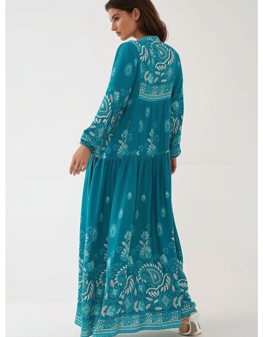 Printed Long Sleeve Viscose Maxi Dress - 5