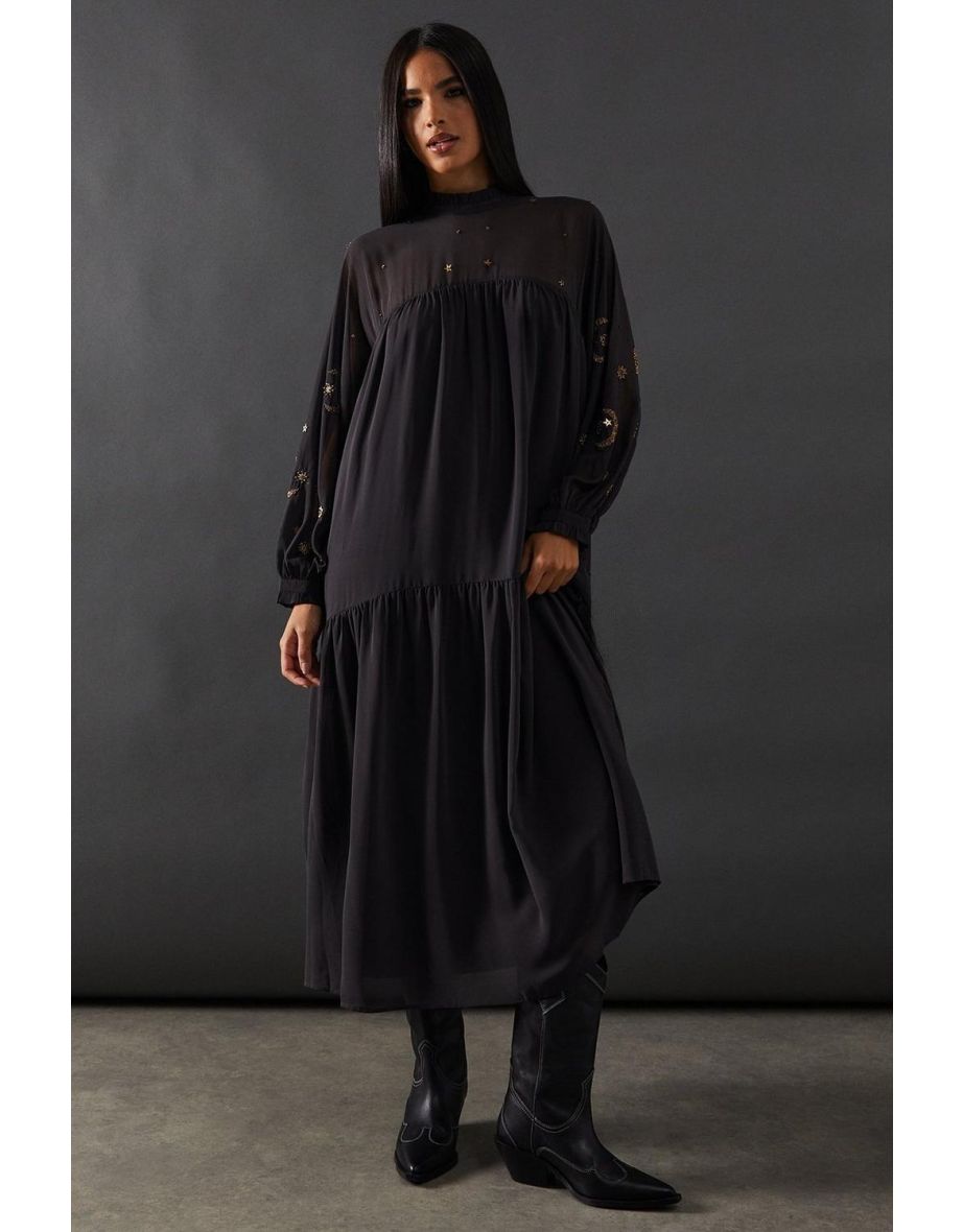Premium Moon Embellished Viscose Curved Hem Midi Smock Dress
