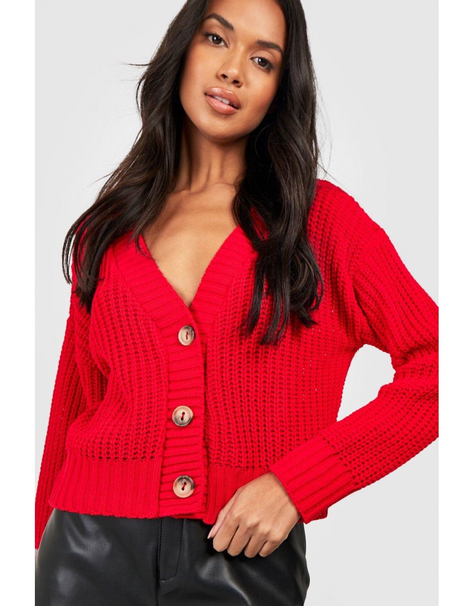Chunky Knit Cropped Cardigan - red - 3