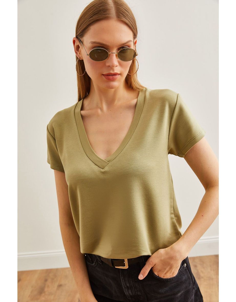 Women's Khaki Deep V Neck Modal Button T-Shirt - 4