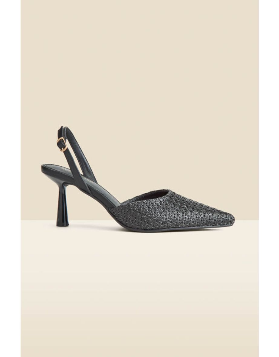 Black Raffia Flared Heel Slingback Court Shoe*
