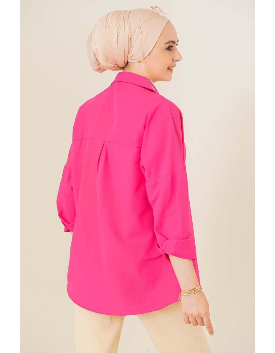 Oversize Basic Hijab Shirt - Dark Pink - 2