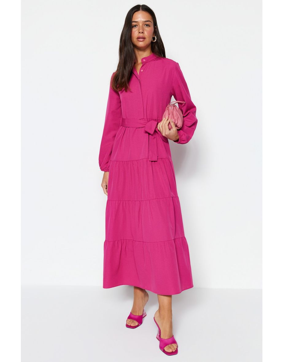 Belted Pink Column Midaxi Dress with Long Sleeve