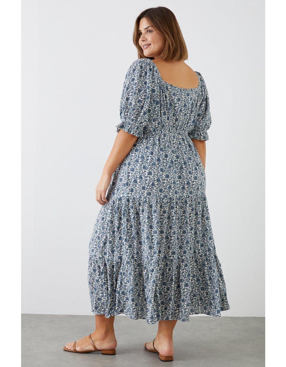 Curve Blue Floral Tiered Square Neck Midi Dress - 2