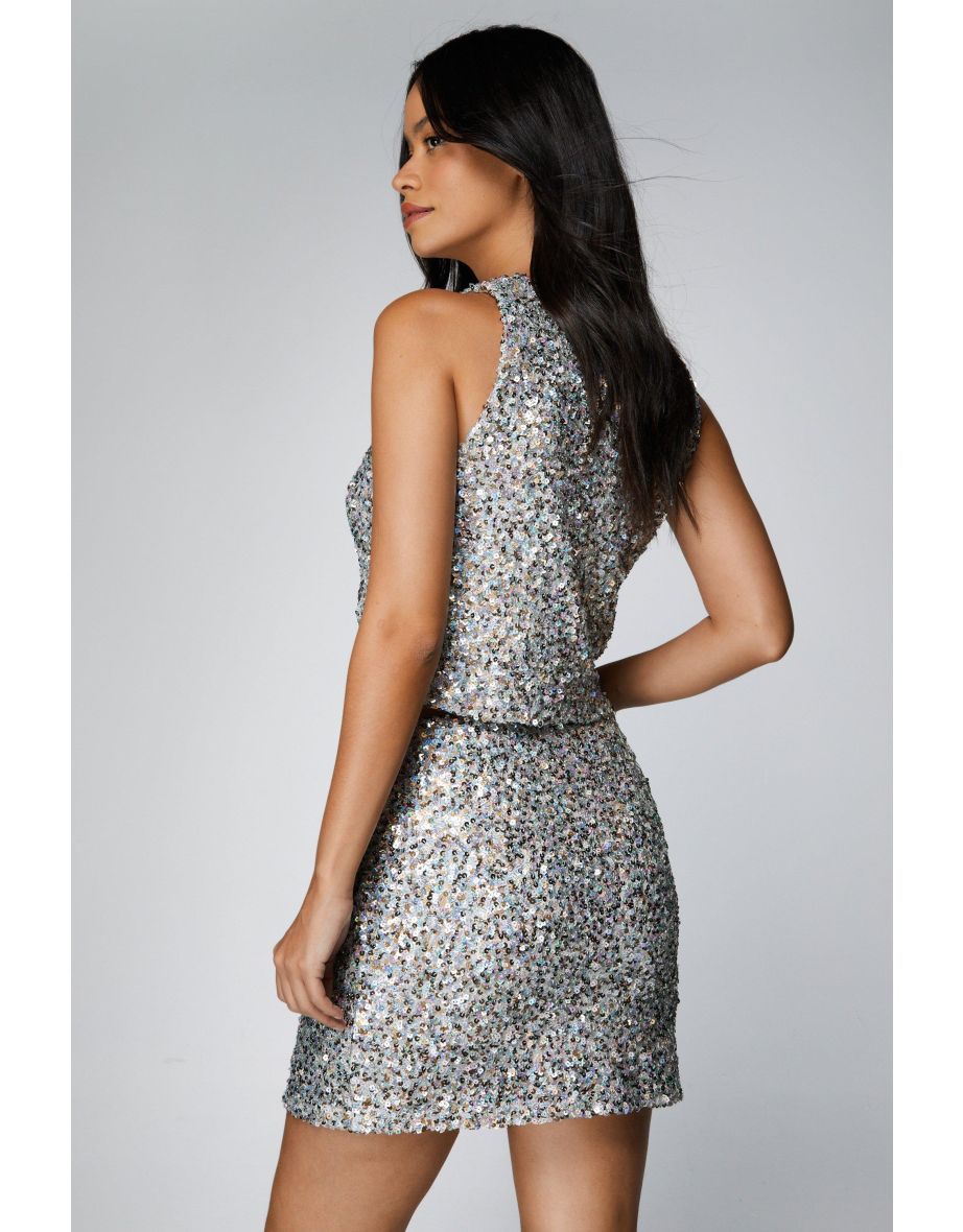 Silver Textured Mixed Sequin Sleeveless Top - 3