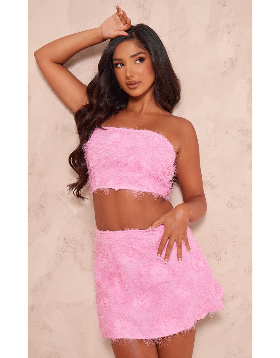 Petite Bright Pink Fluffy Rose Detail Bandeau Crop Top