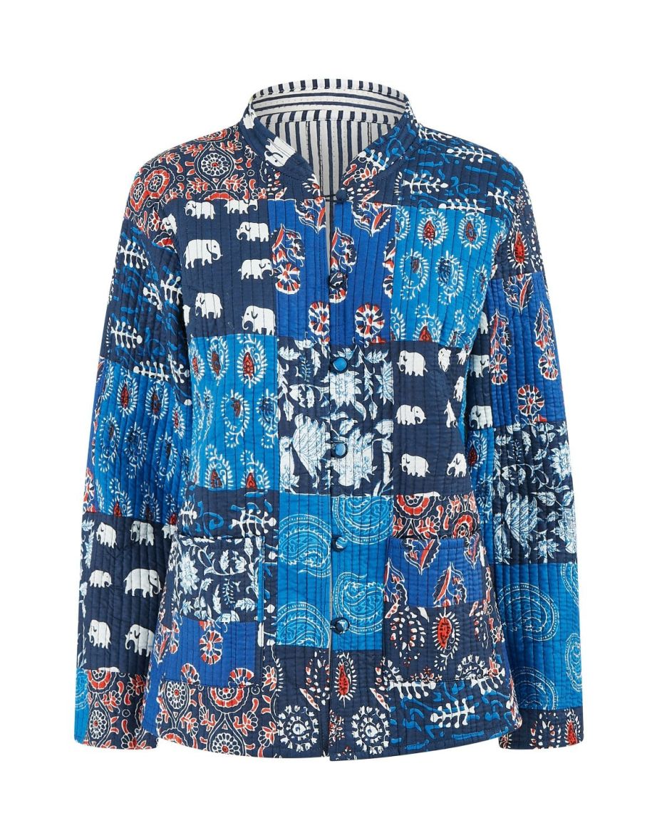 Yumi Blue Indian Patchwork Print Reversible Cotton Quilted Jacket
