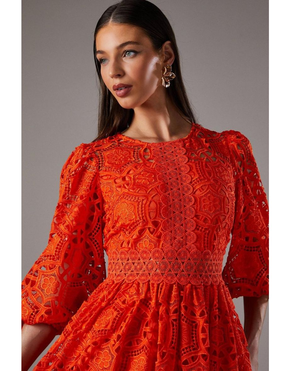 Geo lace Blouson Sleeve Midi Dress - 3