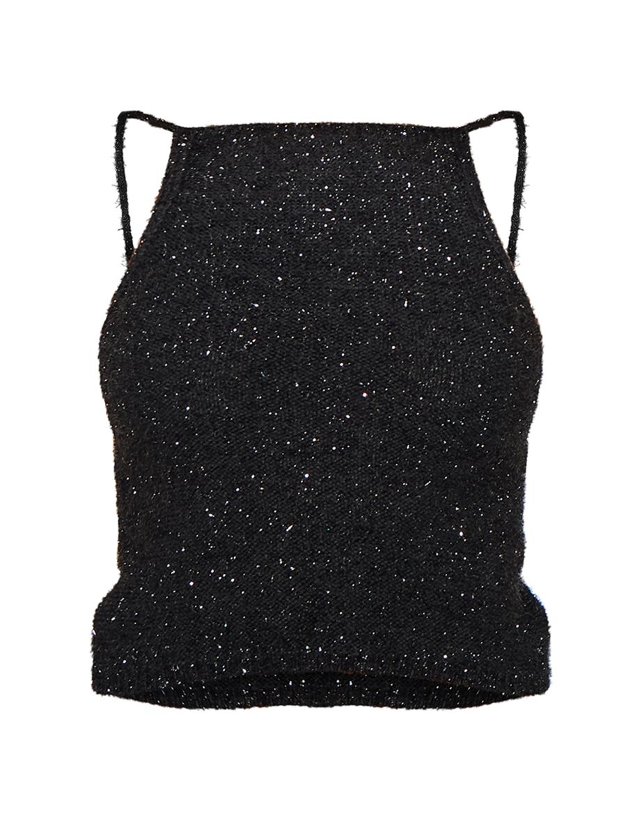 Black Tinsel Knit Detail Cami Crop Top - 4
