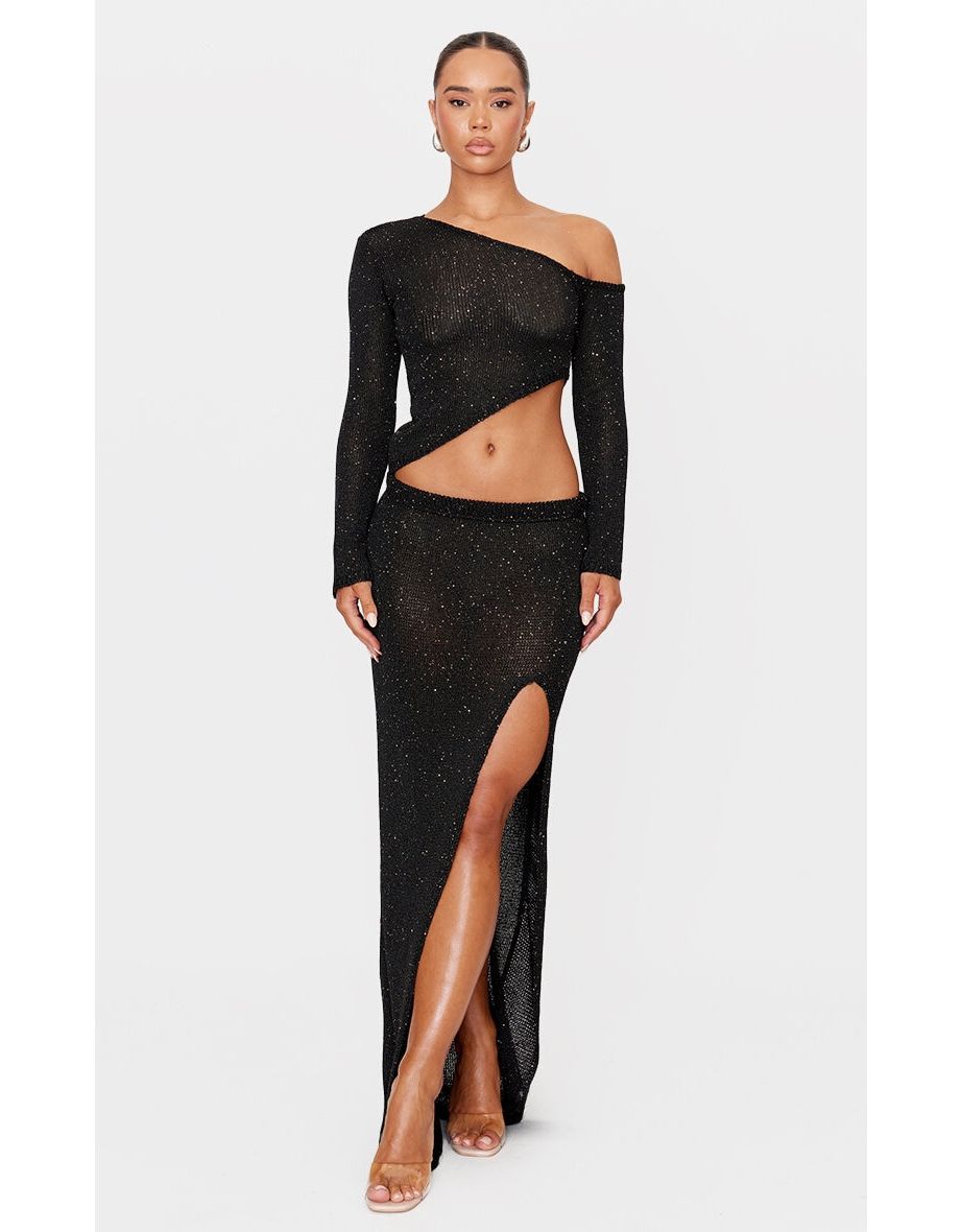 Black Sequin Knit Side Split Maxi Skirt