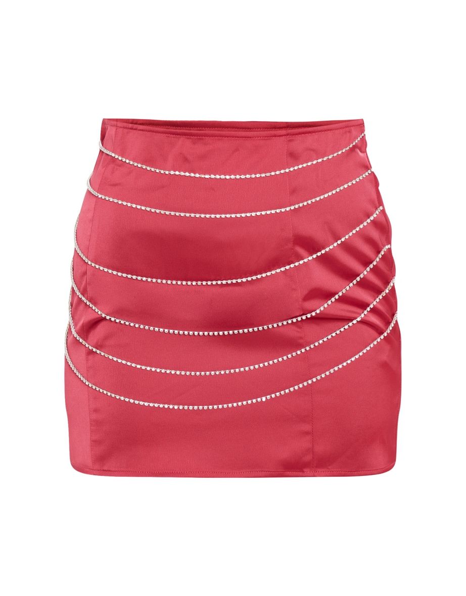 Red Satin Mini Skirt With Diamante Trims - 5