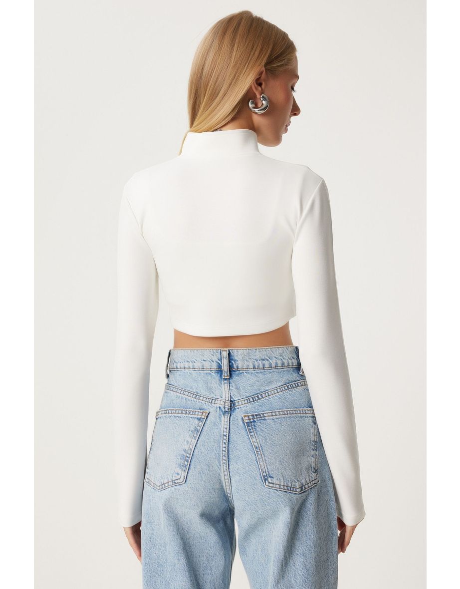 Women's Ecru Zipper Crop Scuba Jacket - 5